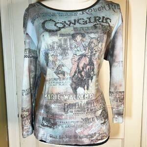 Women’s Blue Brown Long Sleeve Flower n Ring Graphic Cowgirls Top  Size Medium